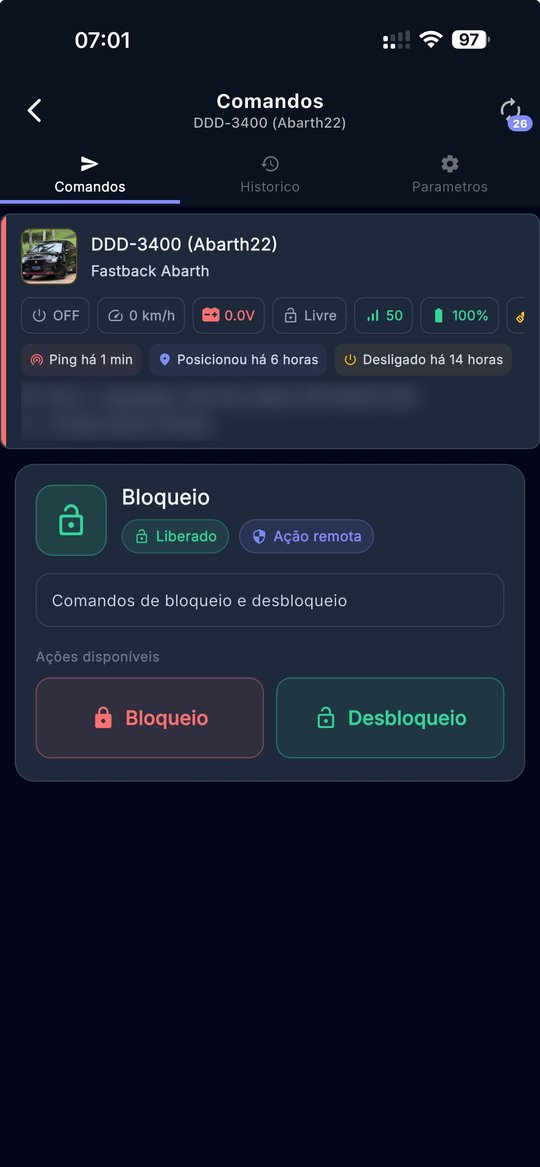 Comando de bloqueio e desbloqueio do veículo no app